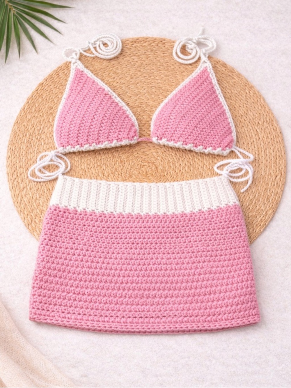 Pink Crochet Bikini Set with White Trim